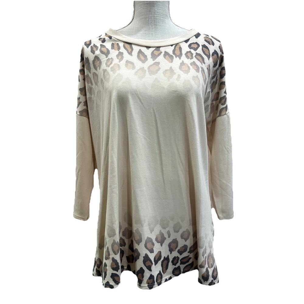 NWT Now N Forever Woman's Large Cream Leopard Print Gradient 3/4 Sleeves Shirt